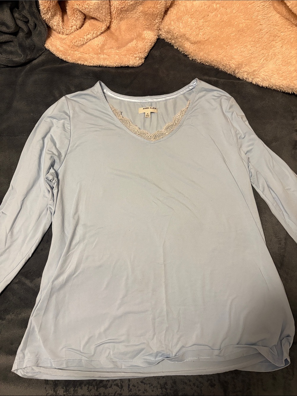 Anne Klein Pale Blue Long-Sleeve V-Neck Top with Lace Trim